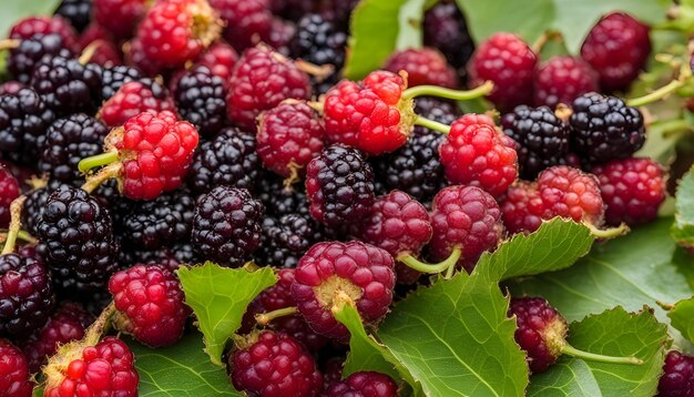 a bunch of raspberries with leaves and leaves