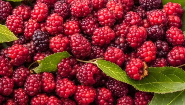 Photo a bunch of raspberries with leaves on them