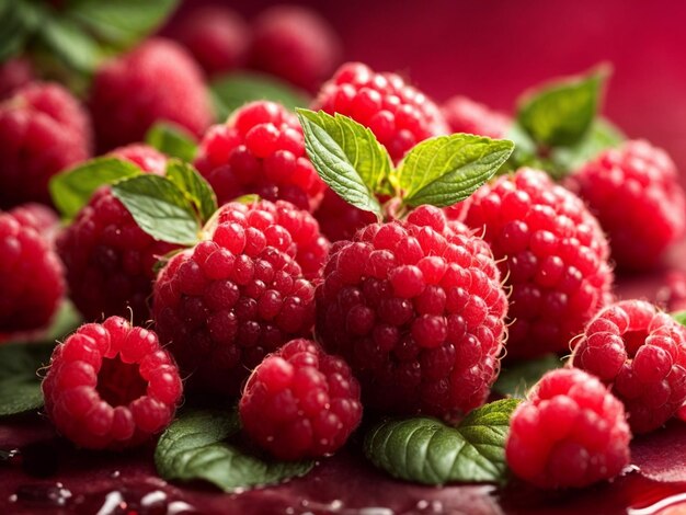 a bunch of raspberries with leaves on them