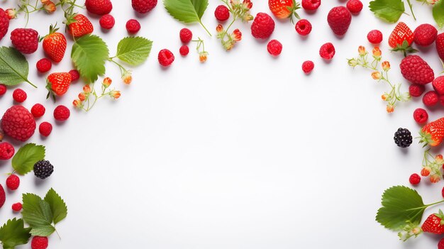 a bunch of raspberries with leaves on a white background.