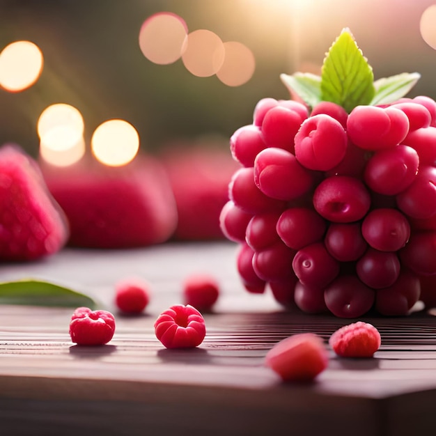A bunch of raspberries with one of them on a table
