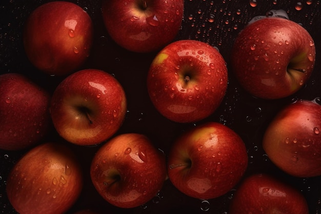 Куча красных яблок в миске с каплями воды на них