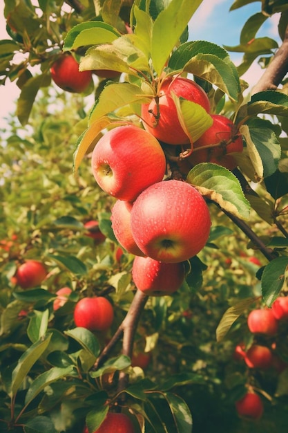 a bunch of red apples hanging from a tree