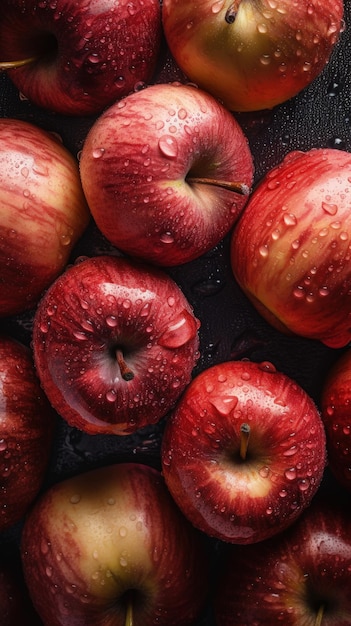 A bunch of red apples with water droplets on them