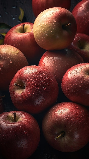 A bunch of red apples with water droplets on them