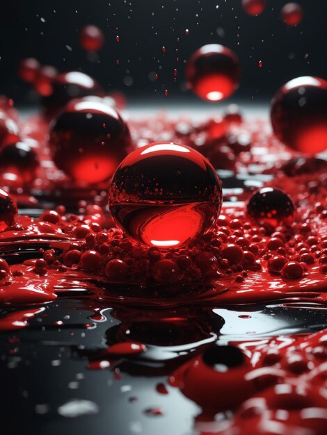 a bunch of red balls floating on top of a black surface