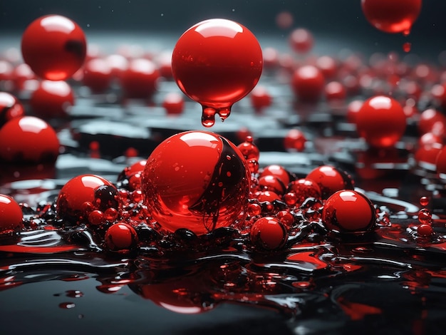 a bunch of red balls floating on top of a black surface