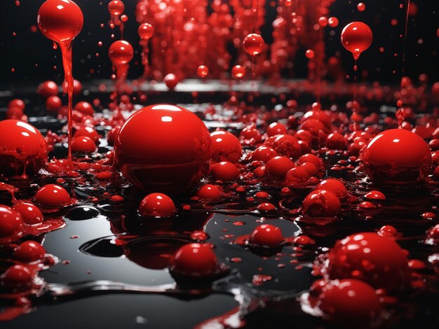 a bunch of red balls floating on top of a black surface