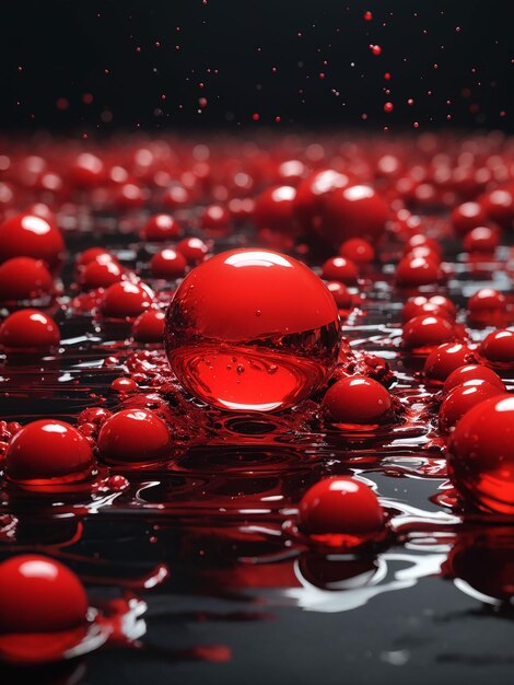 a bunch of red balls floating on top of a black surface