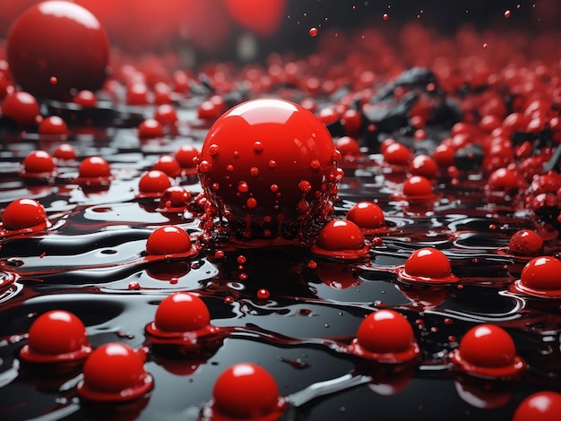 Photo a bunch of red balls floating on top of a black surface