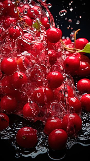 a bunch of red berries are in a glass with water