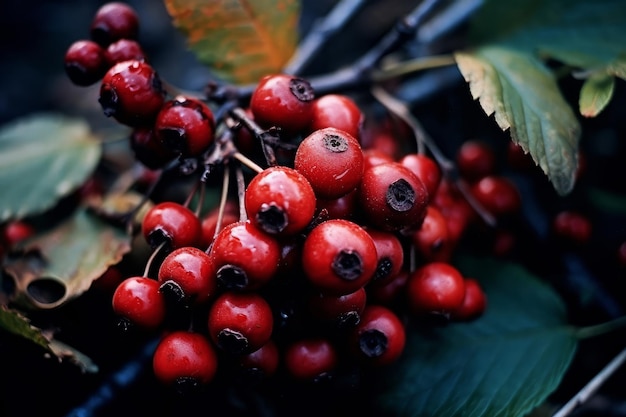 A bunch of red berries on a tree with green leaves