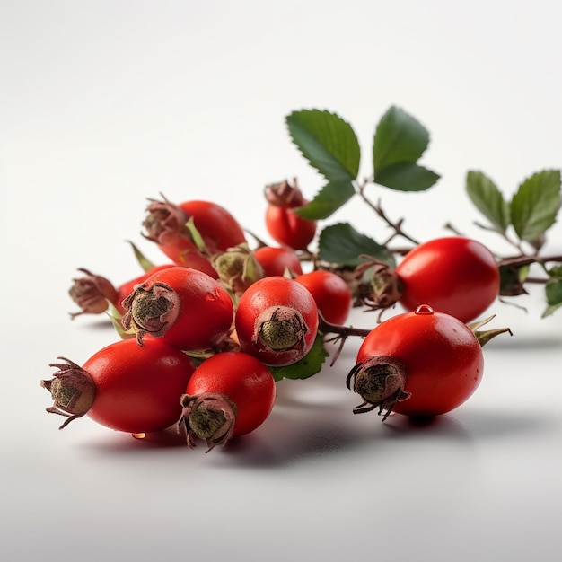 A bunch of red berries with green leaves on them