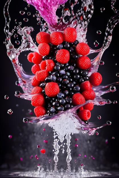 A bunch of red and blue berries are being dropped into a bowl of water.