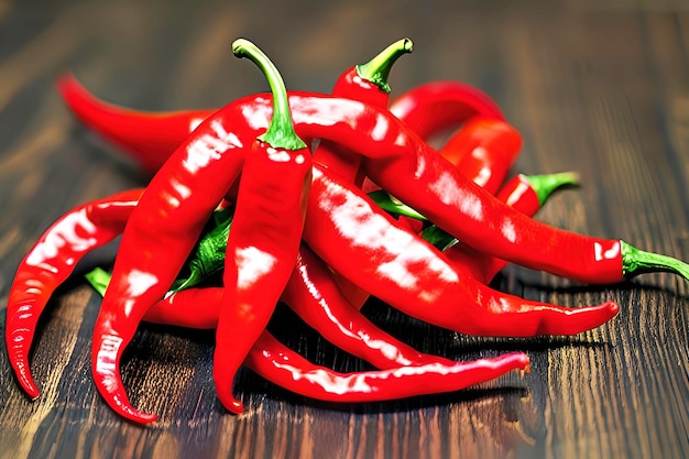 A bunch of red chili peppers on a wooden table