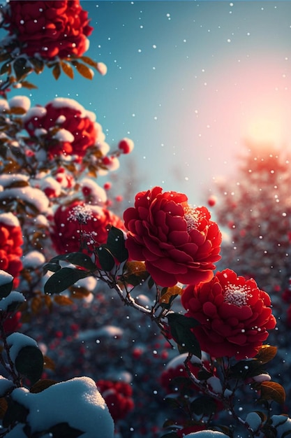 Bunch of red flowers covered in snow generative ai