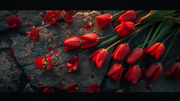 a bunch of red flowers that are on a stone