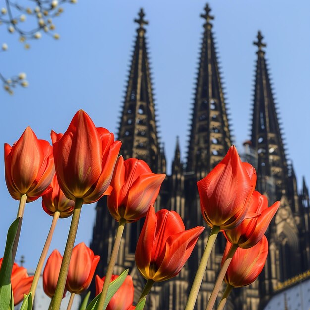 a bunch of red flowers with a church in the background