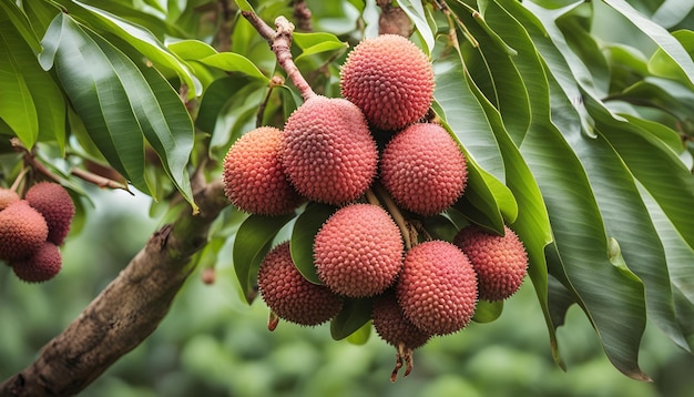 Photo a bunch of red fruit hanging from a tree with green leaves