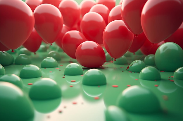 A bunch of red and green balloons are scattered on a reflective surface.