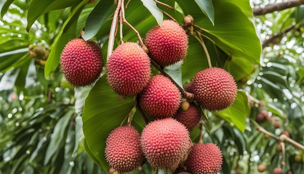 a bunch of red and green fruit hanging from a tree