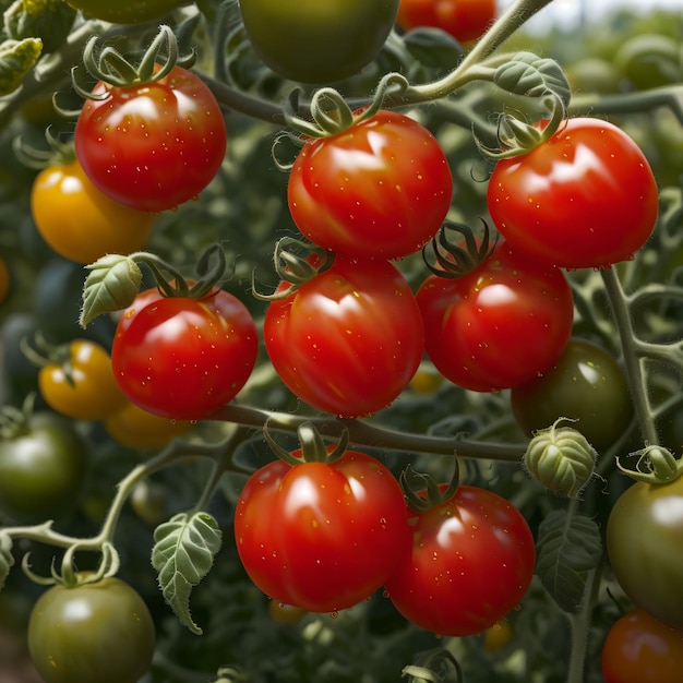 A bunch of red and green tomatoes are on a vine.