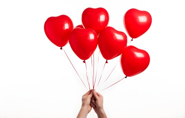 Foto un gruppo di palloncini a forma di cuore rosso nella mano dell'uomo su uno sfondo bianco