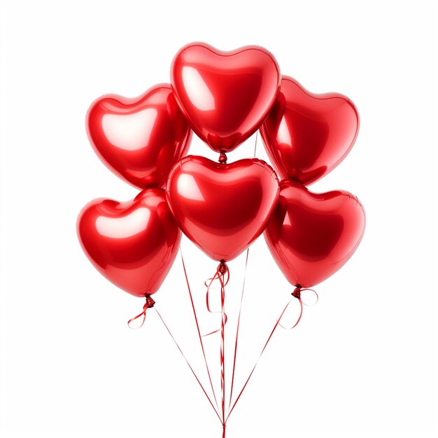 Photo bunch of red heart shaped balloons on isolated white background