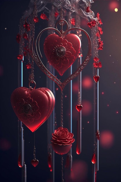 Bunch of red hearts hanging from a chain generative ai