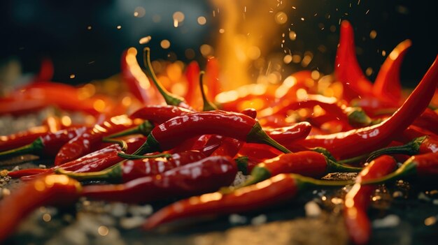 Foto un mucchio di peperoncini rossi su un tavolo perfetto per il cibo e i concetti di cucina