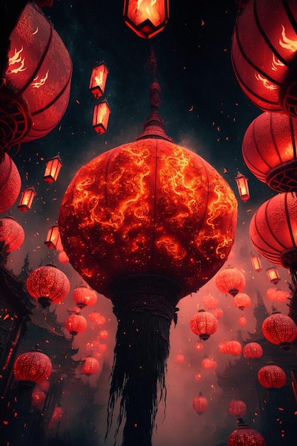 Bunch of red lanterns hanging from the ceiling generative ai