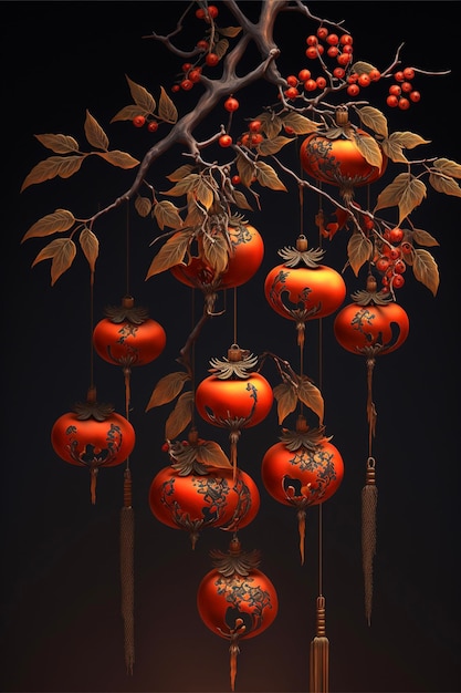 Bunch of red lanterns hanging from a tree generative ai