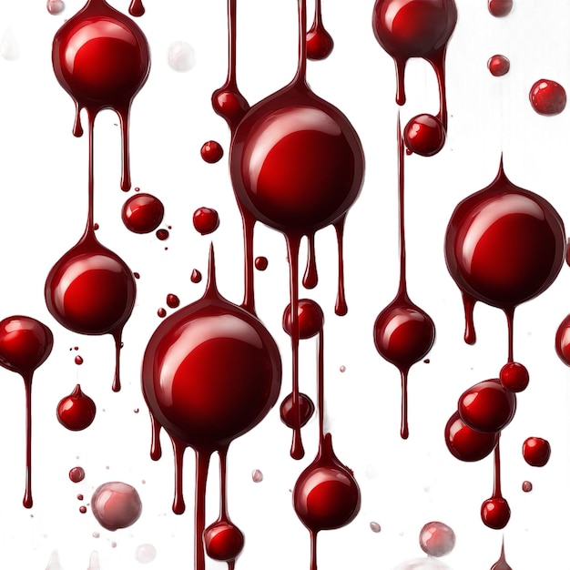 a bunch of red liquid drops with bubbles on the top