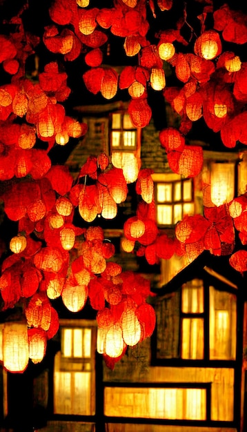 Bunch of red paper lanterns hanging from a tree generative ai