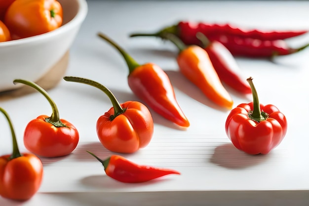 A bunch of red peppers on a table