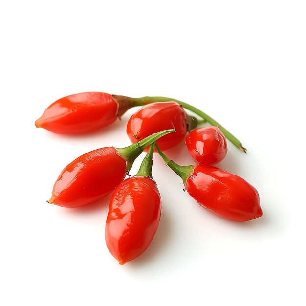 a bunch of red peppers with green stems