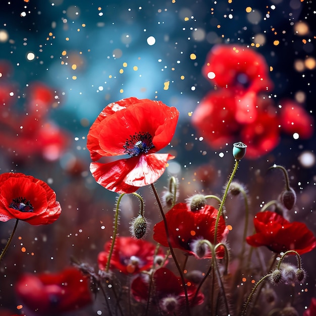 a bunch of red poppies are outside with snow falling