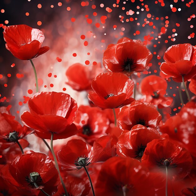 a bunch of red poppies with red dots in the background