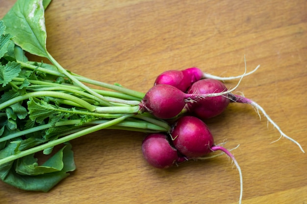 Photo bunch of red radish on a rural table