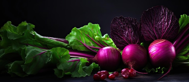 a bunch of red radishes with a black background.