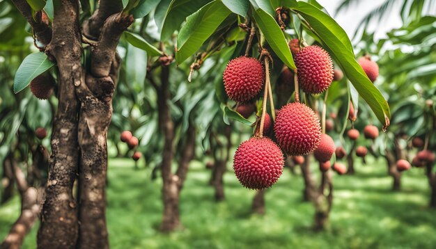 Photo a bunch of red raspberries hanging from a tree