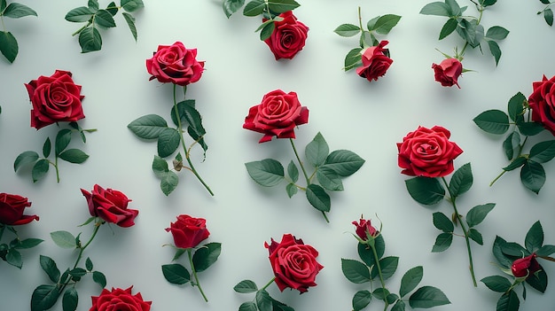 A bunch of red roses are arranged on a white surface with green leaves and stems on the side of the