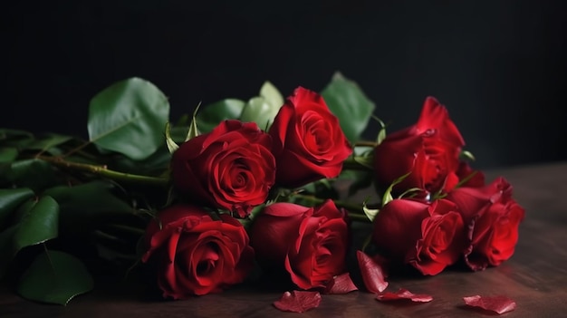 A bunch of red roses on a black background