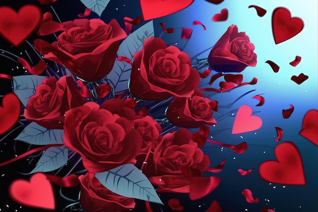 A bunch of red roses on a blue background generative AI