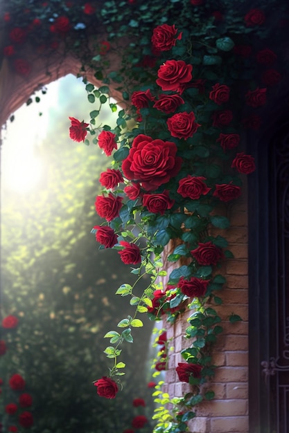 Bunch of red roses growing on the side of a building generative ai