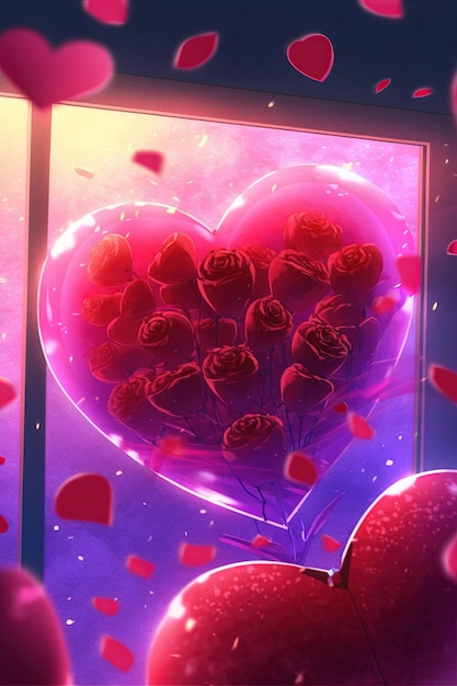 Букет красных роз в коробке в форме сердца с генеративным искусственным интеллектом