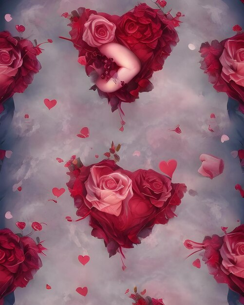 Bunch of red roses in shape of a heart for Valentines day card background generative ai illustration