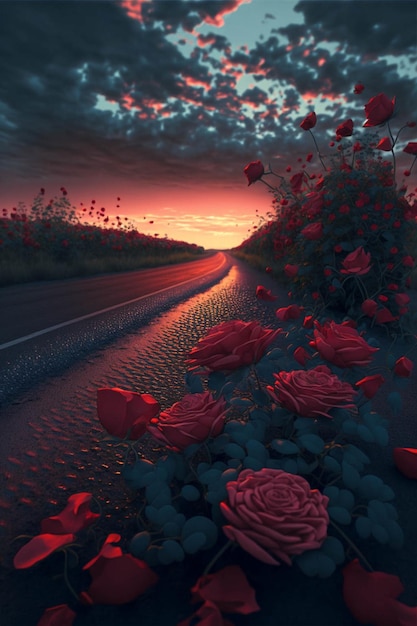 Bunch of red roses sitting on the side of a road generative ai