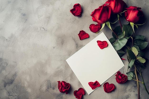 Photo a bunch of red roses on a table with a piece of paper