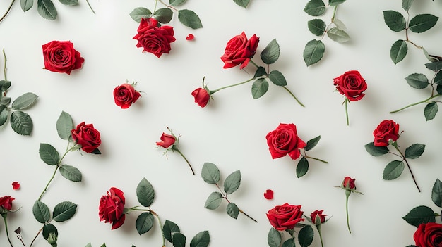 A bunch of red roses on a white surface with leaves and stems scattered around them with one red